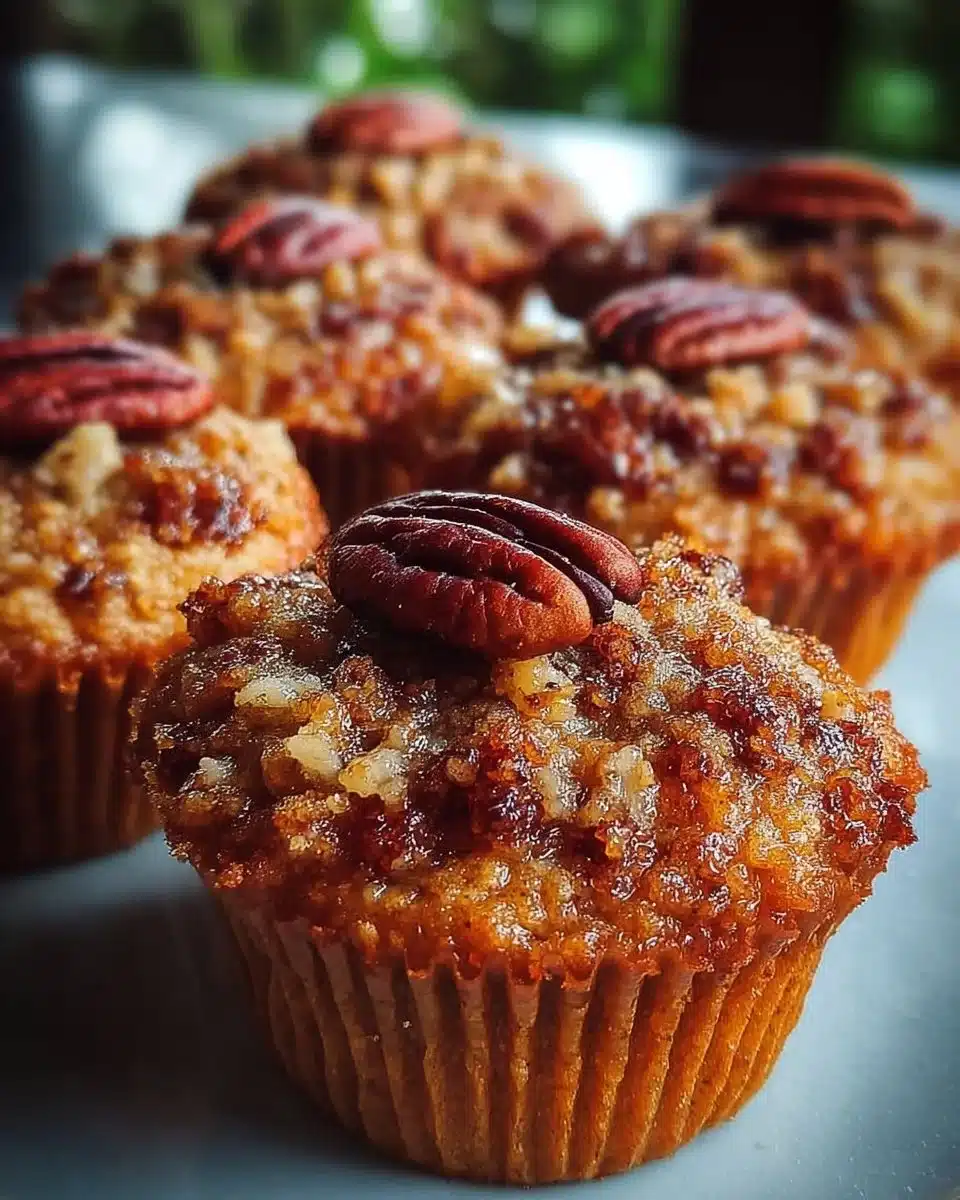 Freshly baked pecan pie brown sugar muffins on a cooling rack