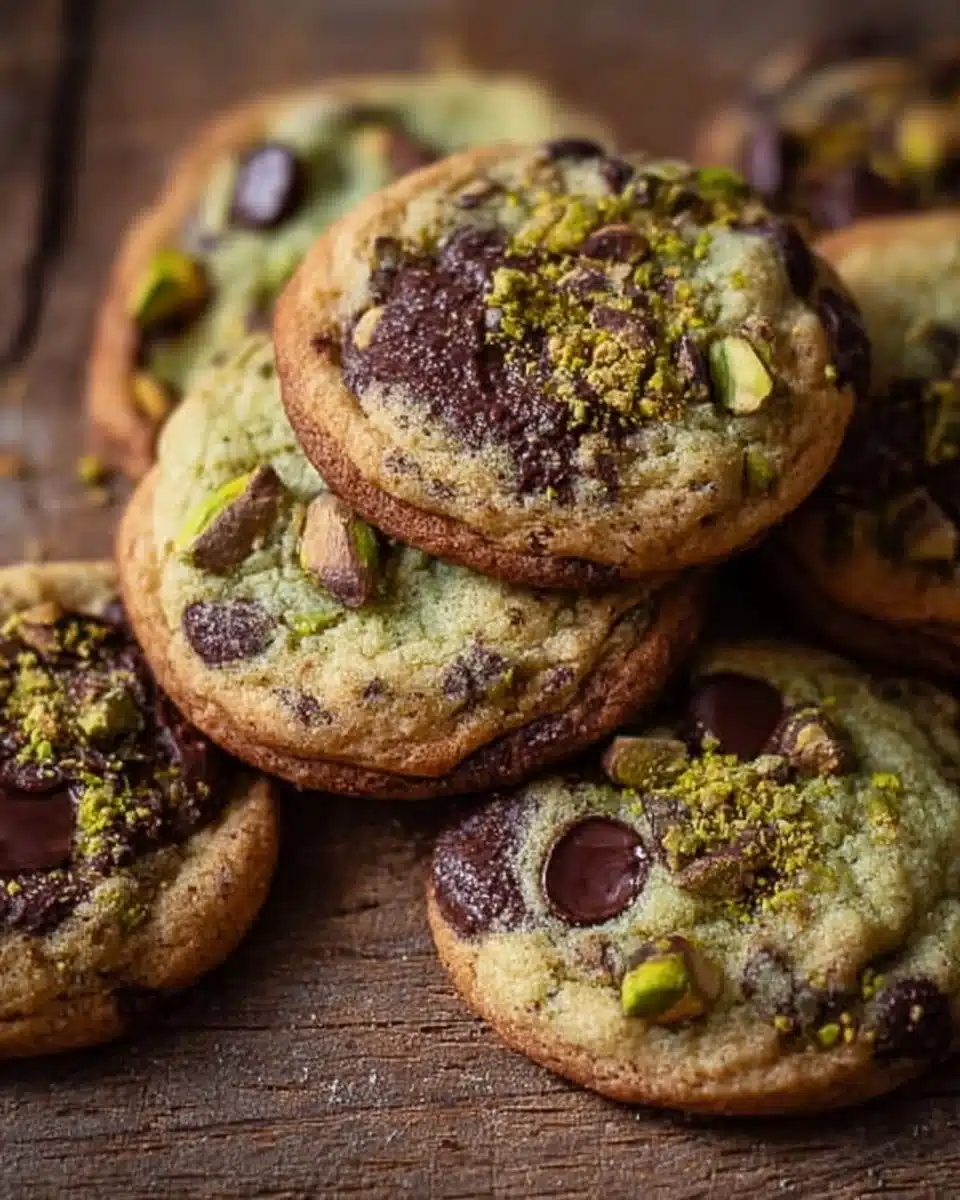 Pistachio cream chocolate chip cookies stacked on a plate