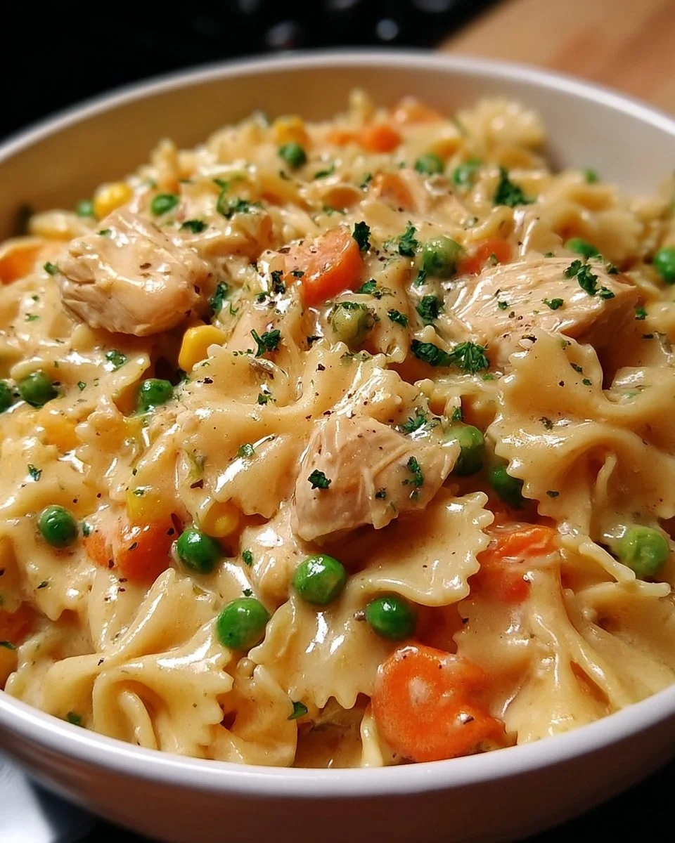 Delicious quick chicken pot pie pasta served in a bowl with ingredients.