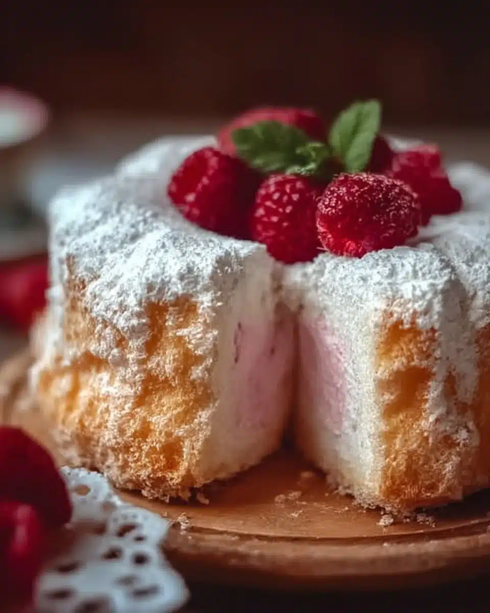 Slice of Raspberry Angel Food Cake topped with fresh raspberries and whipped cream