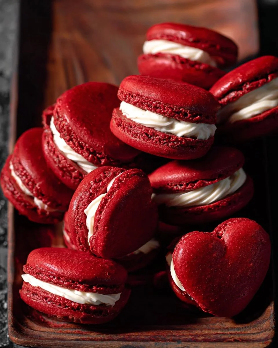 Red Velvet Macarons filled with creamy Mascarpone Frosting on a dessert table
