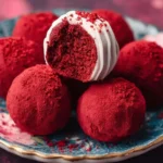 Delicious Red Velvet Truffles coated in white chocolate, topped with sprinkles