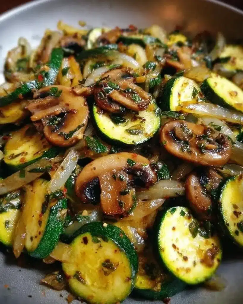 Dish of sautéed zucchini with mushrooms and onions on a plate