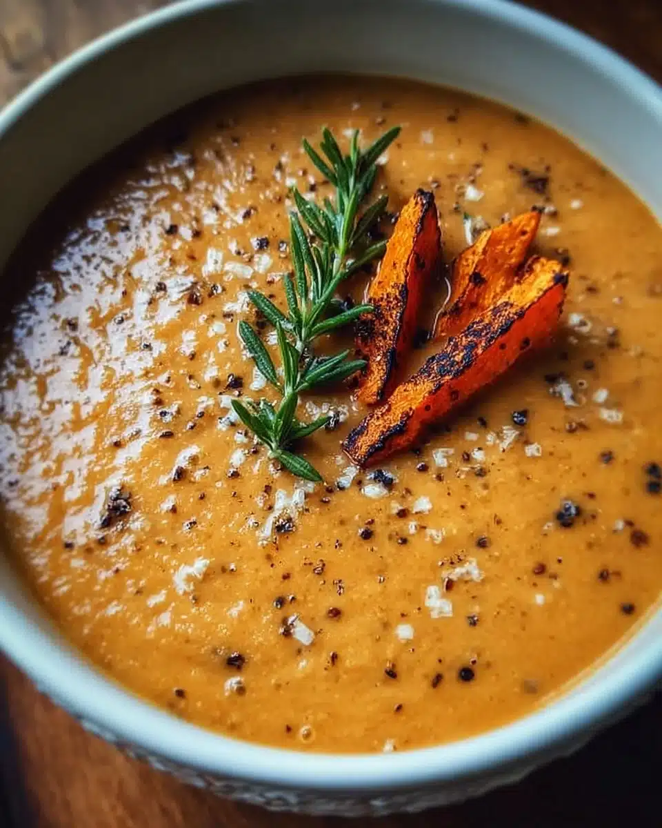 Bowl of savory Italian sweet potato soup topped with herbs and spices