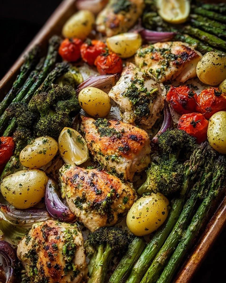 Sheet pan garlic butter chicken with mixed vegetables on a baking tray