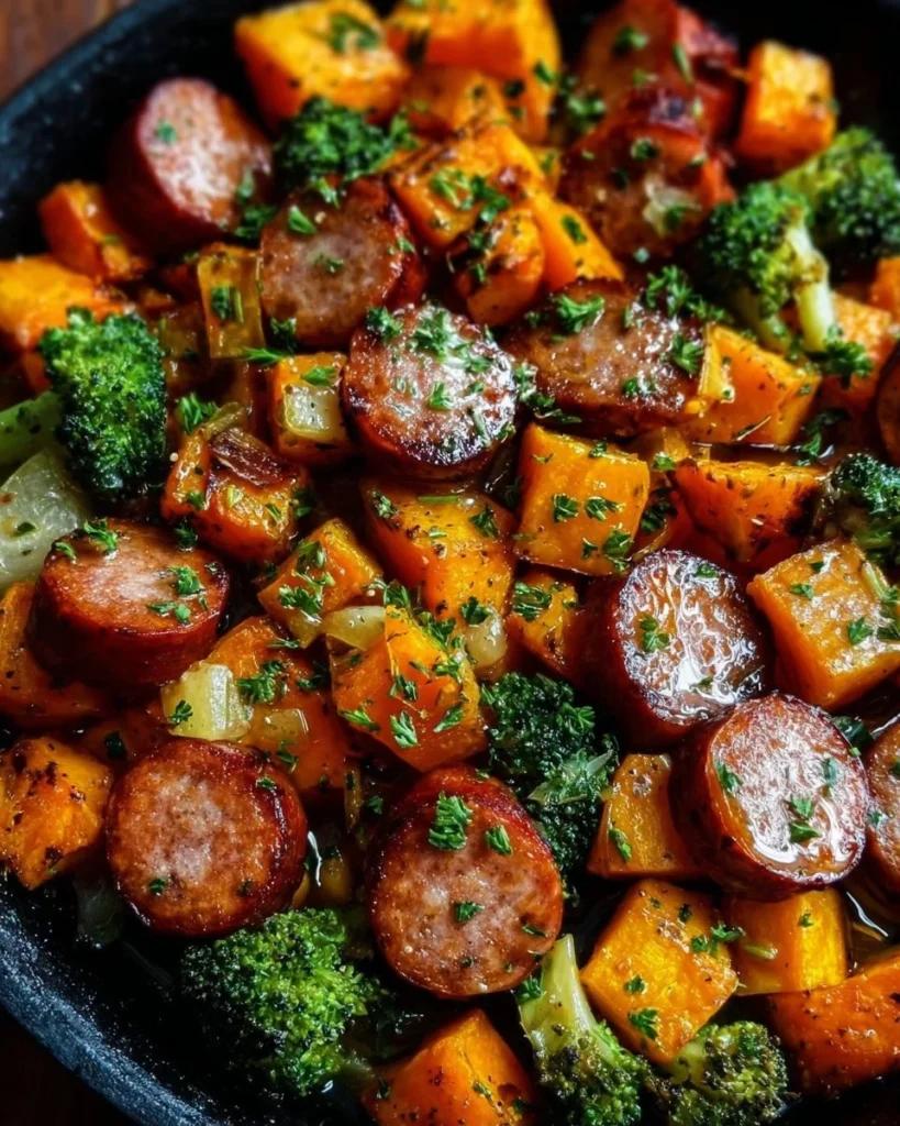 Sheet Pan Sausage and Sweet Potatoes drizzled with honey garlic sauce.