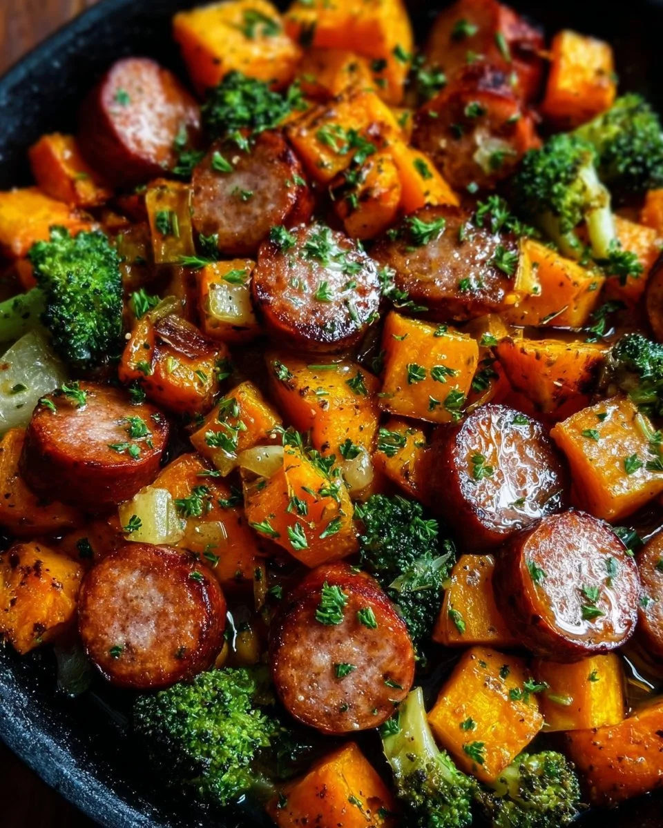 Sheet Pan Sausage and Sweet Potatoes drizzled with honey garlic sauce.