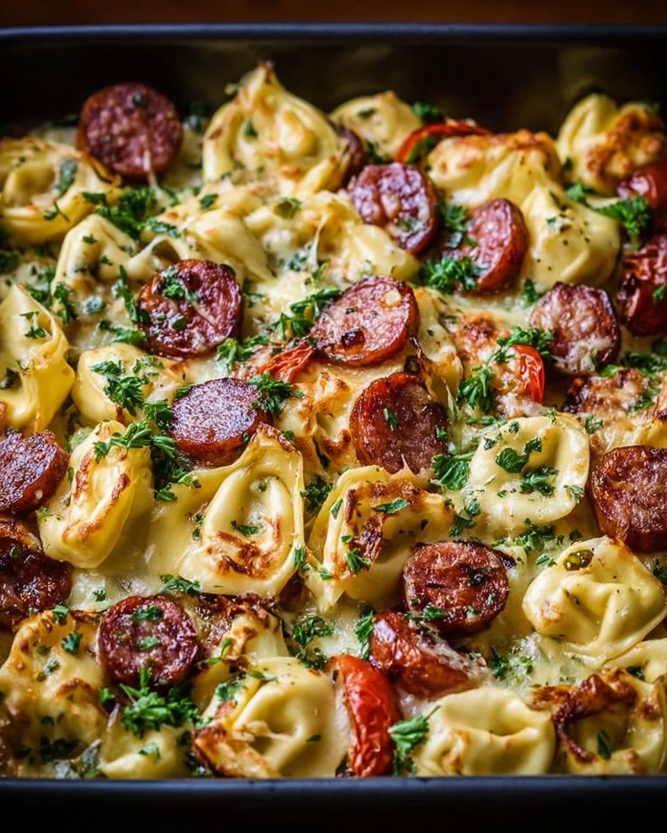 Sheet pan smoked sausage tortellini featuring colorful veggies and savory flavors