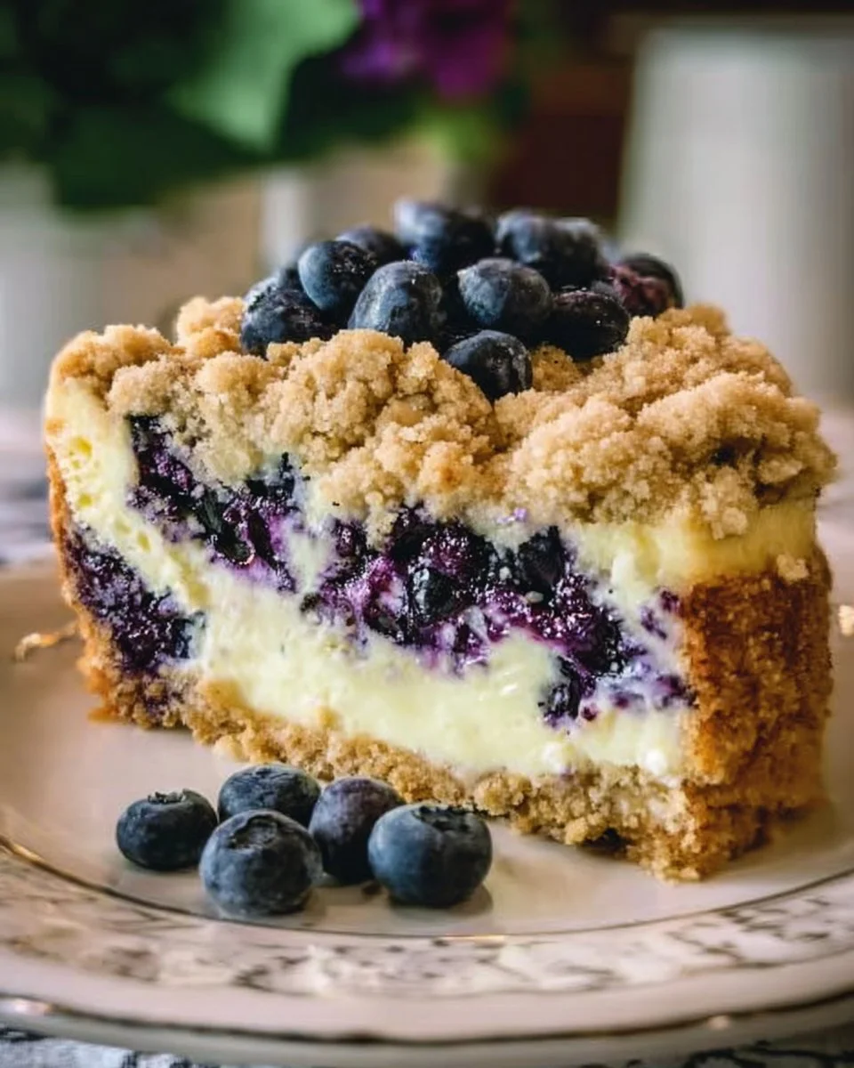 Sherry's Blueberry Cream Cheese Crumb Cake with blueberries and crumb topping