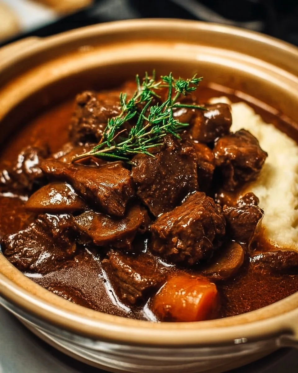 Delicious Slow Cooker Beef Manhattan served with mashed potatoes and vegetables.