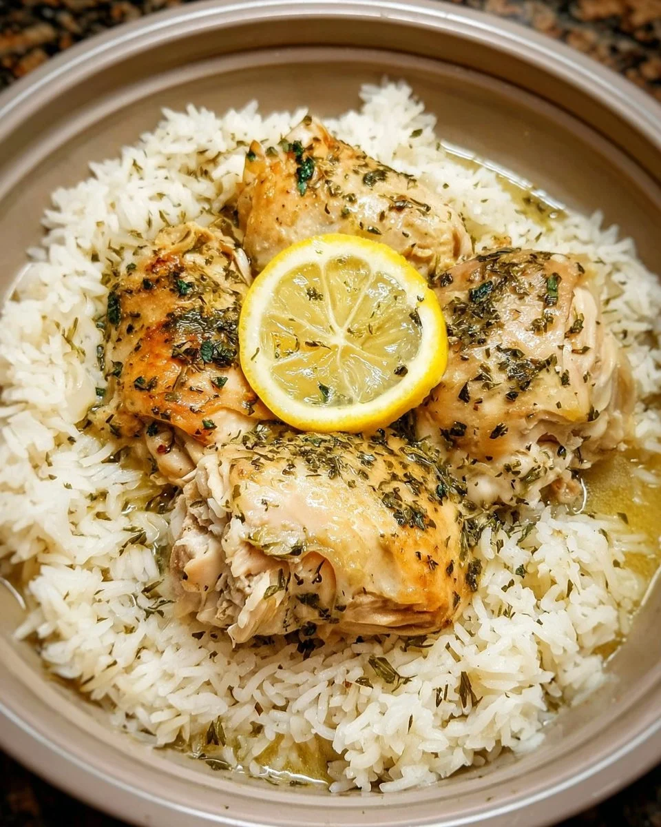 Slow cooker lemon herb chicken served with fluffy rice on a plate