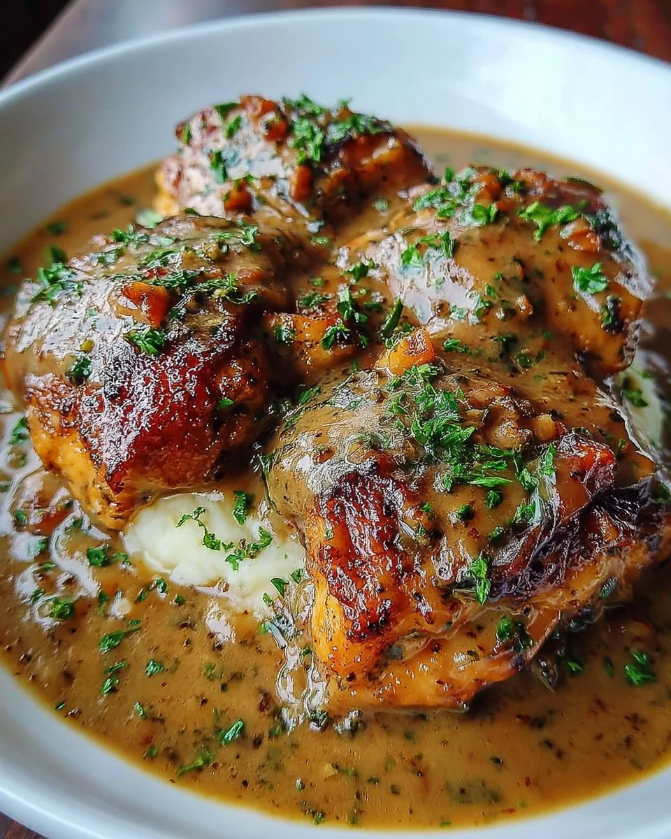 Delicious smothered chicken thighs with savory gravy served on a plate.