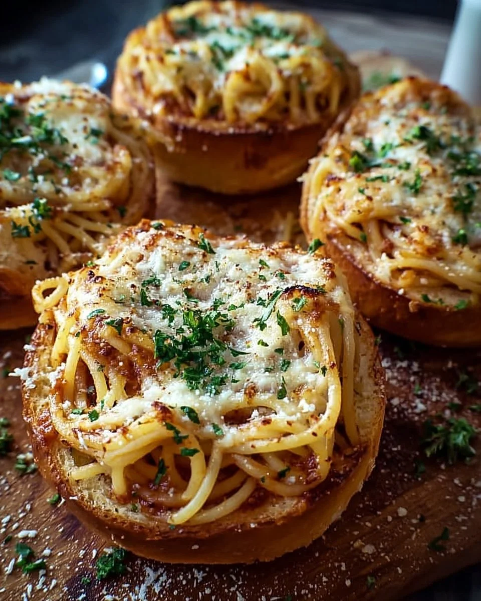 Spaghetti garlic bread bowls filled with pasta and topped with herbs.