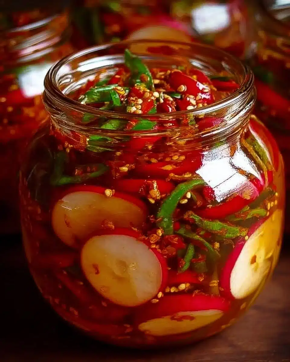 Spicy tangy radish pickles in a jar with colorful spices