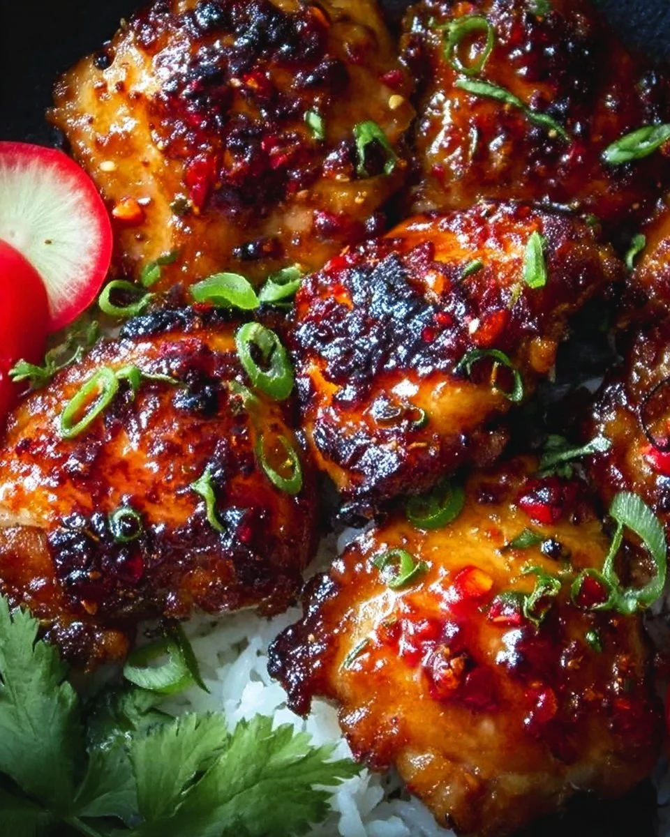 Sticky sweet chili chicken thighs garnished with fresh herbs