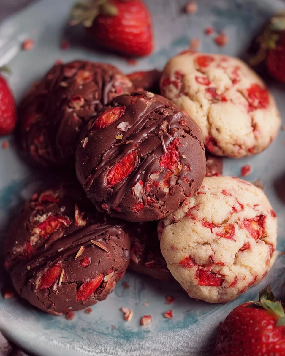 Freshly baked Strawberry Delight Cookies with strawberries on a plate
