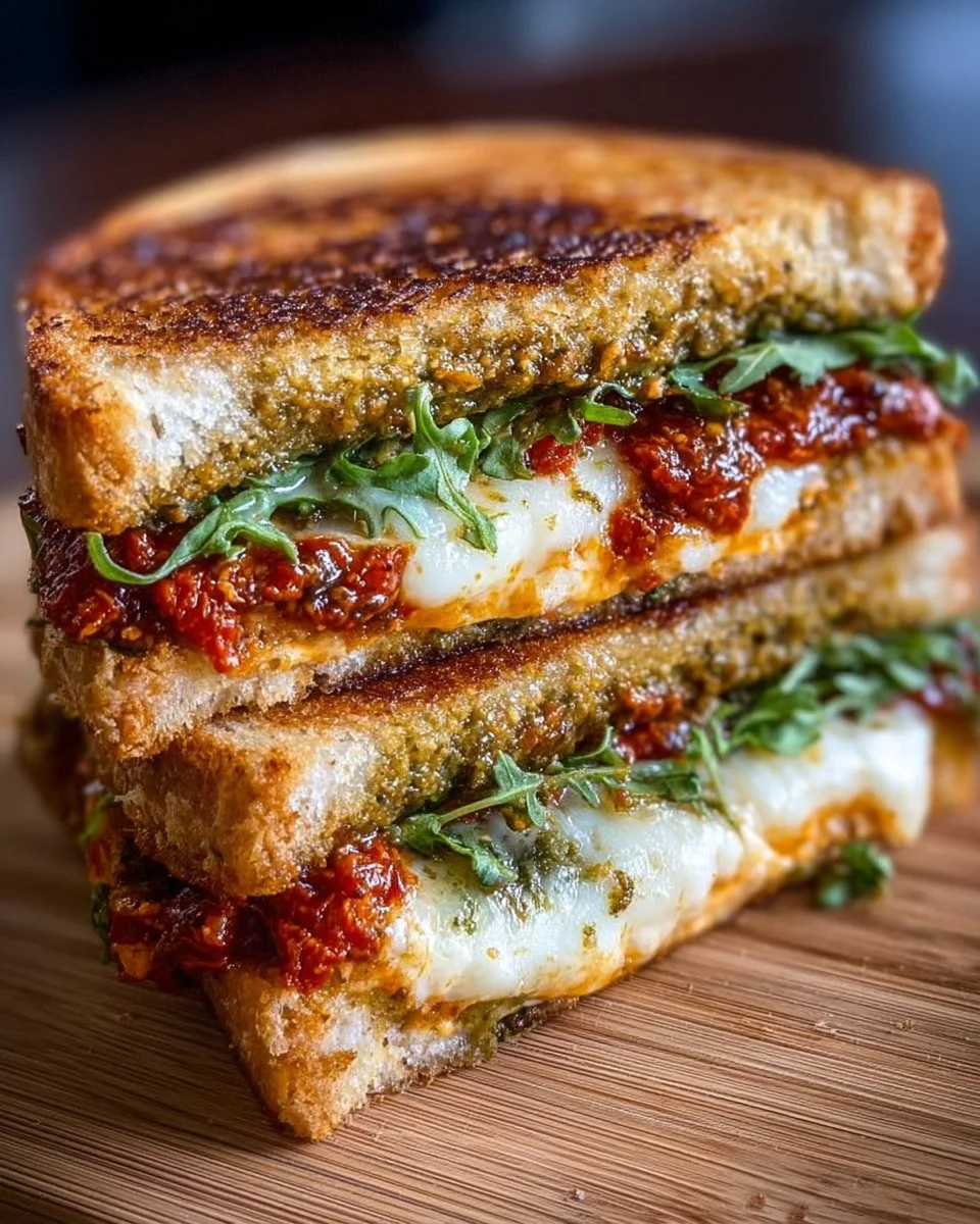 Delicious Sun-Dried Tomato Pesto Grilled Cheese sandwich with golden-brown crust