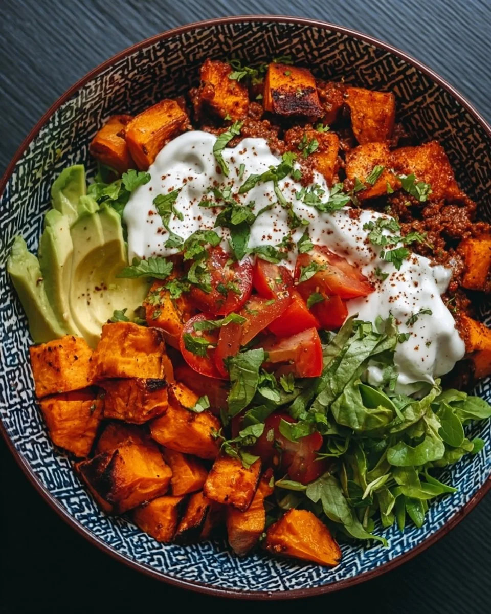 Healthy sweet potato taco bowl topped with fresh ingredients and spices