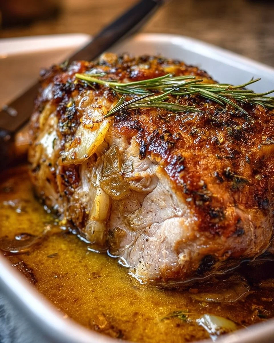 Tender apple cider pork roast served with vegetables and garnished for flavor.