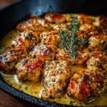 Delicious Texas Roadhouse-Style Garlic Butter Chicken Skillet served in a cast iron pan.