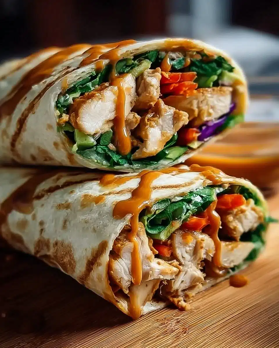 Thai Peanut Chicken Wraps with vibrant vegetables and creamy sauce
