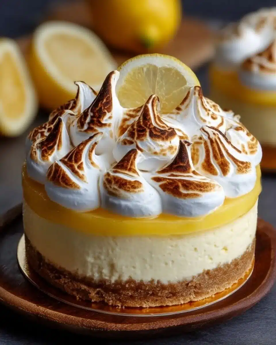 Slice of triple lemon meringue cheesecake with lemon garnish on a white plate