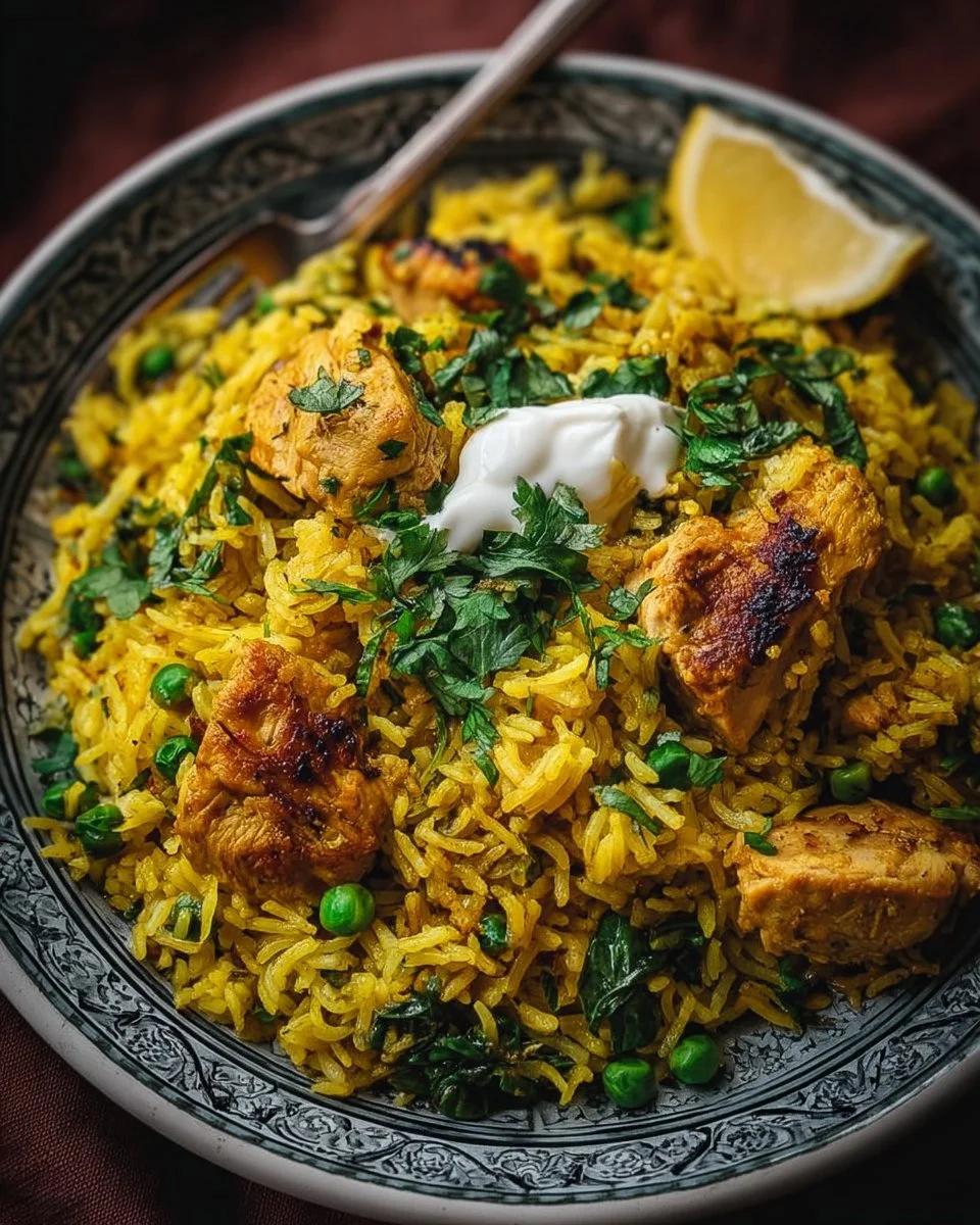 Delicious turmeric chicken served with rice, garnished with fresh herbs