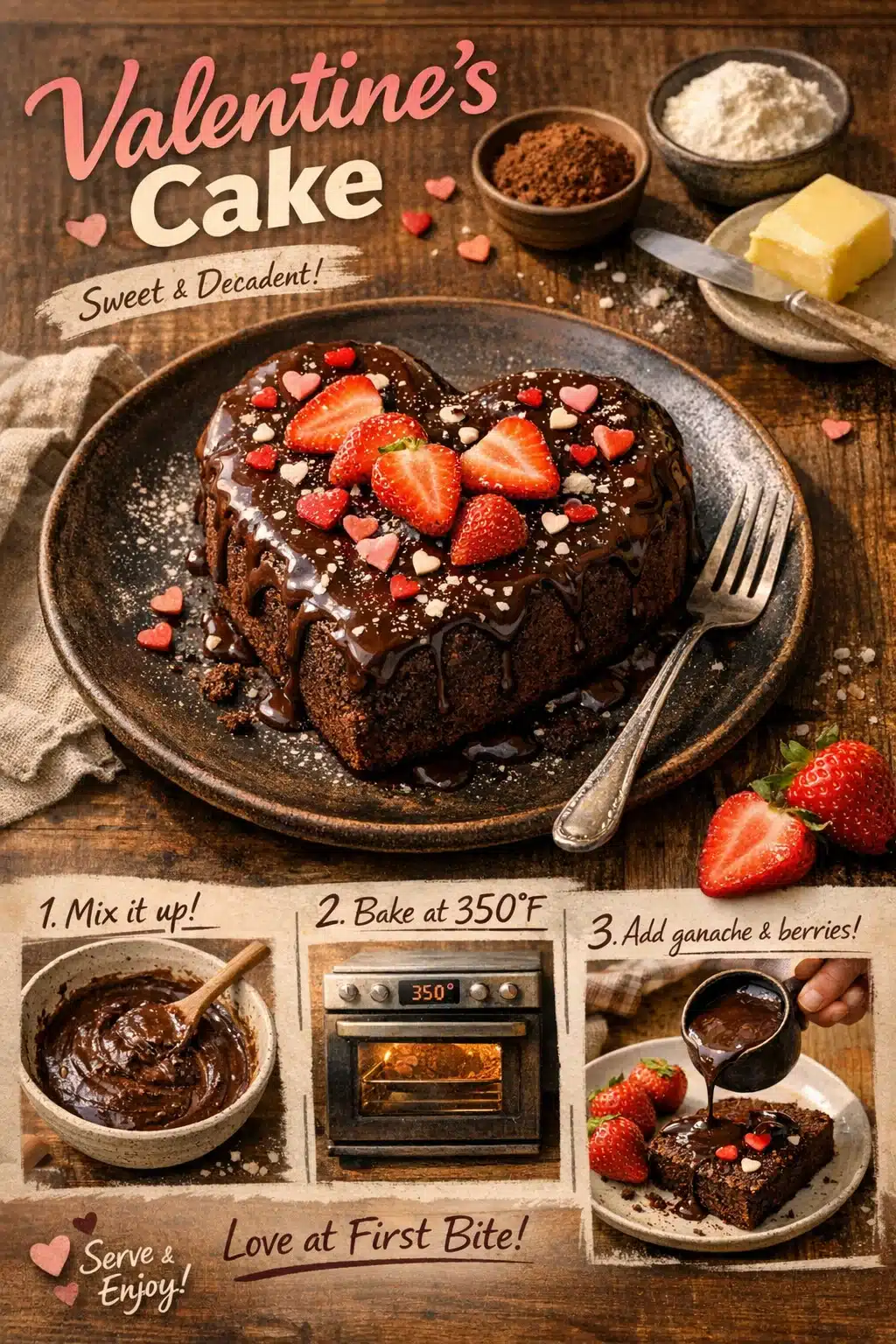 Delicious homemade Valentine's Cake decorated with love-themed designs