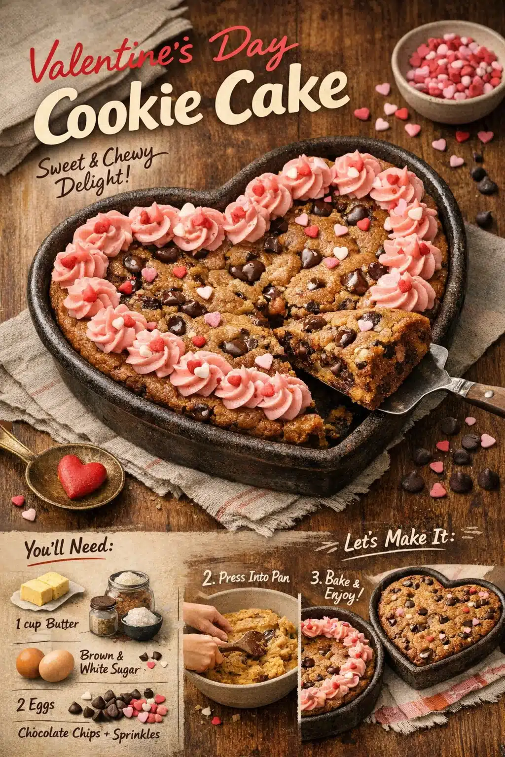 Valentine's Day cookie cake decorated with hearts and romantic designs