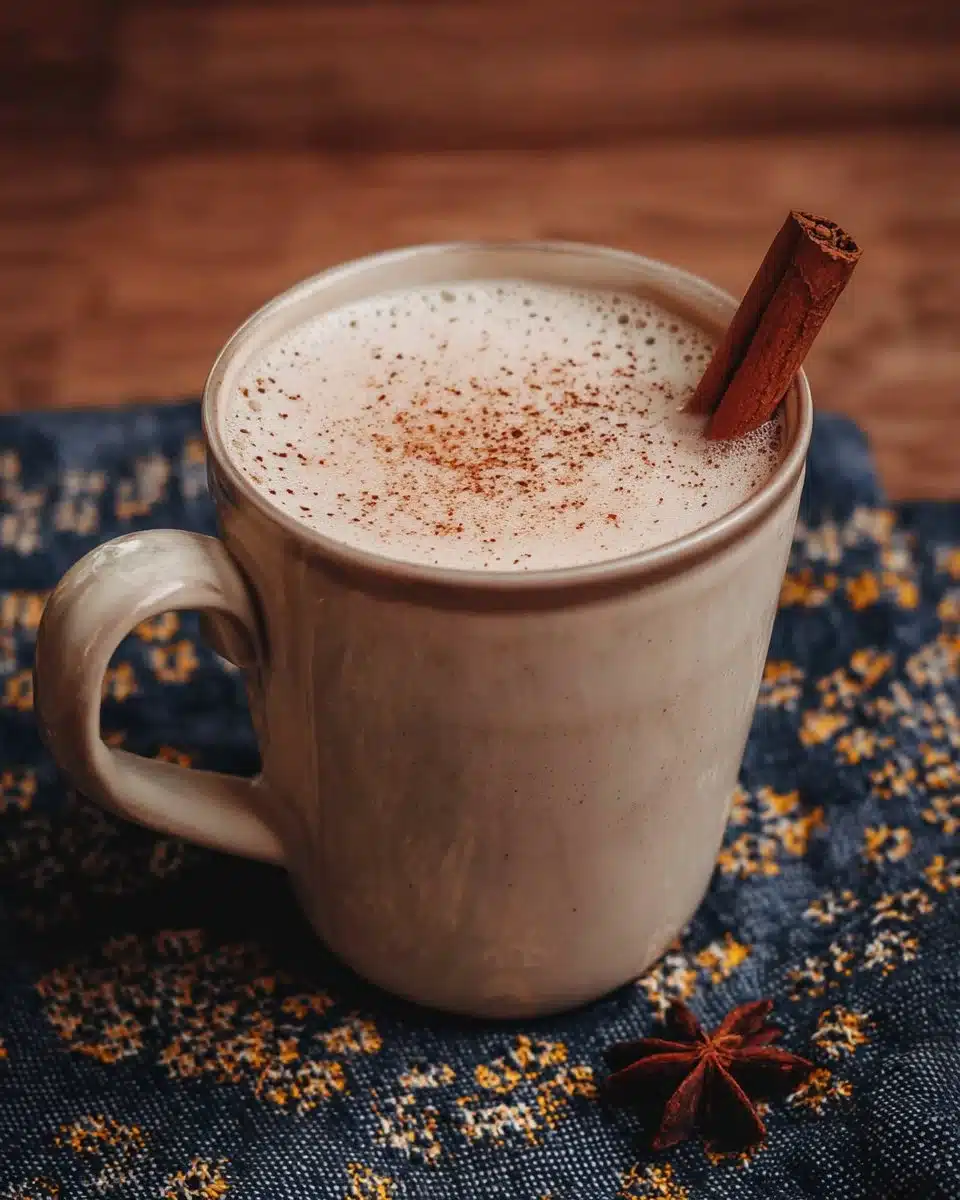 A delicious Vanilla Chai Tea Latte topped with frothy milk and spices.