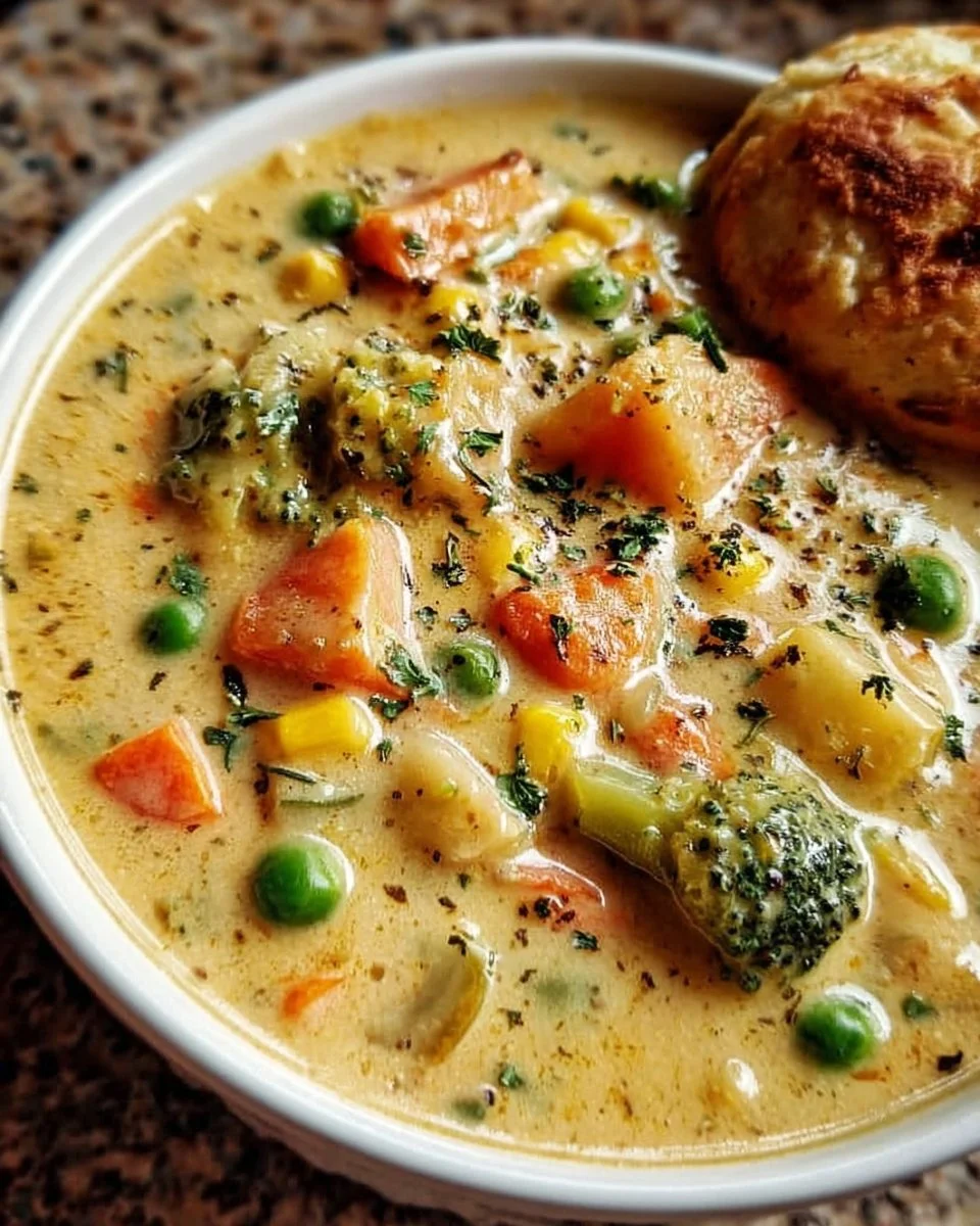 Delicious veggie pot pie soup served in a bowl with fresh herbs on top.