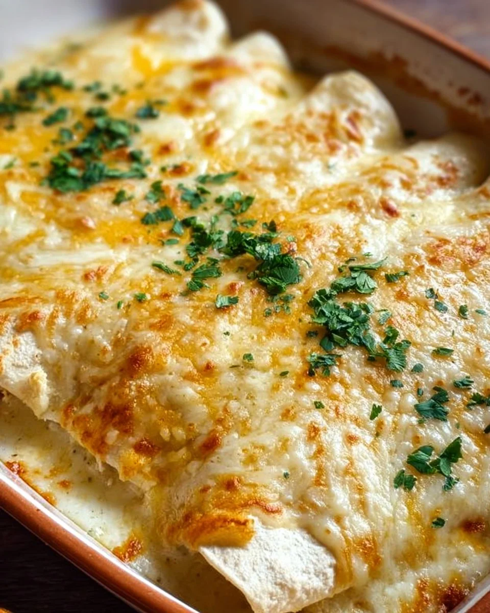 Creamy white chicken enchiladas served on a plate with garnish