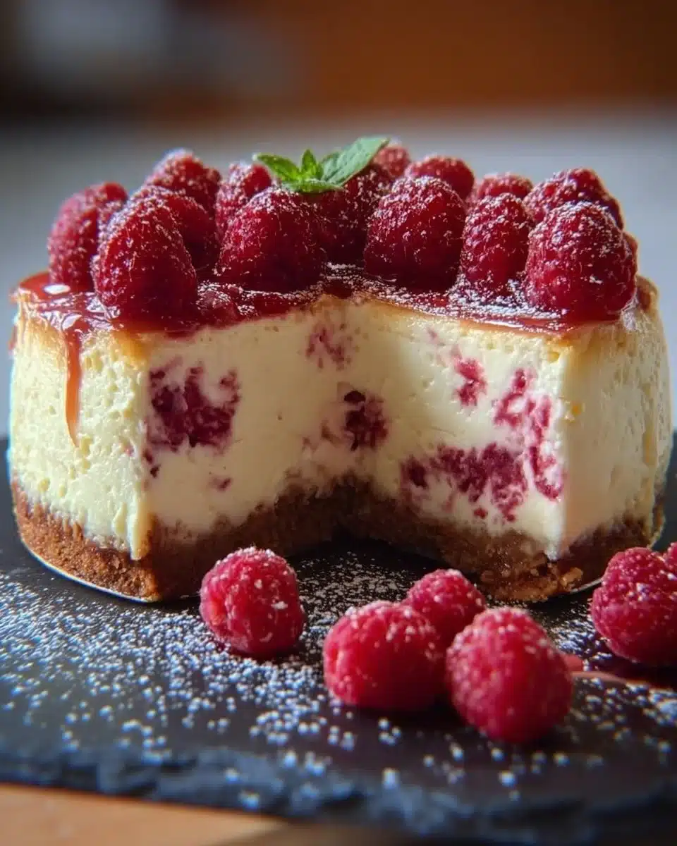 Slice of white chocolate raspberry cheesecake topped with fresh raspberries