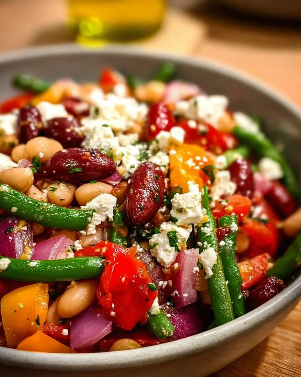 Zesty bean salad with feta and colorful vegetables served in a bowl