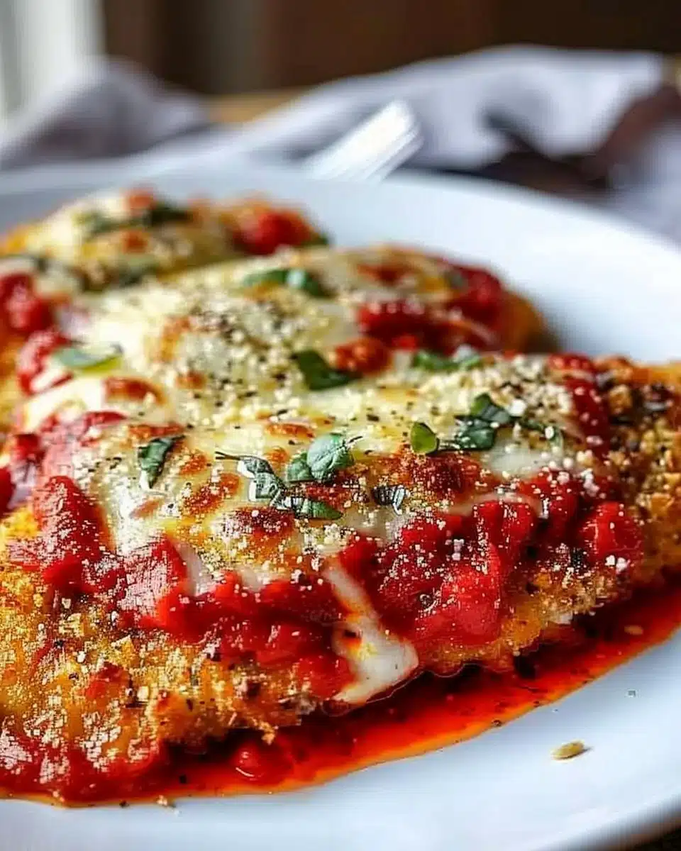 15-Minute Keto Chicken Parmesan dish with cheese and herbs on a plate.
