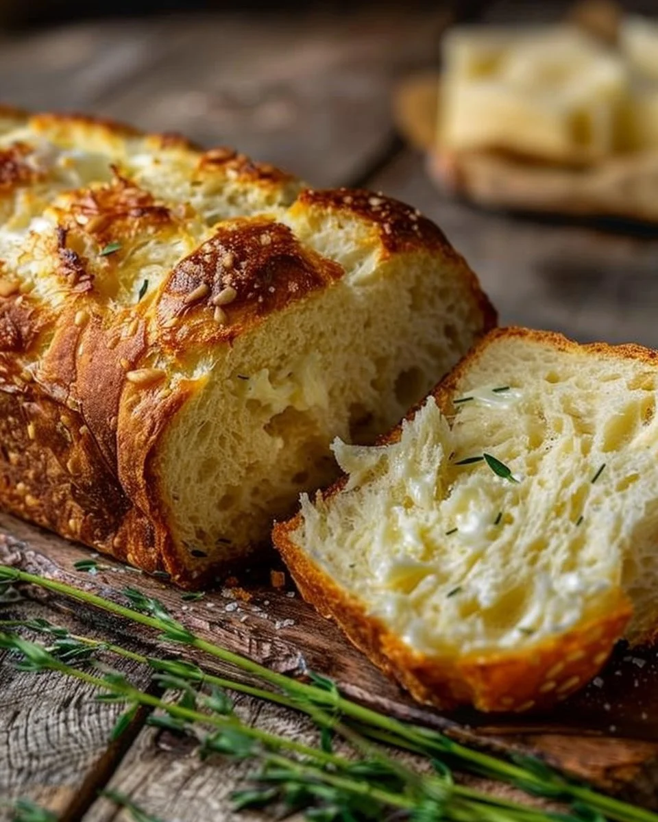 Freshly baked 2-Ingredient Cottage Cheese Bread on a wooden table