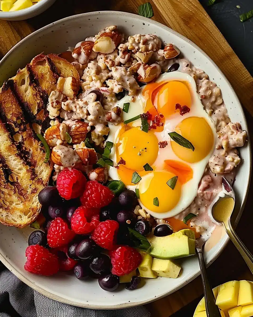 A variety of high-protein breakfast dishes including smoothies and oatmeal.