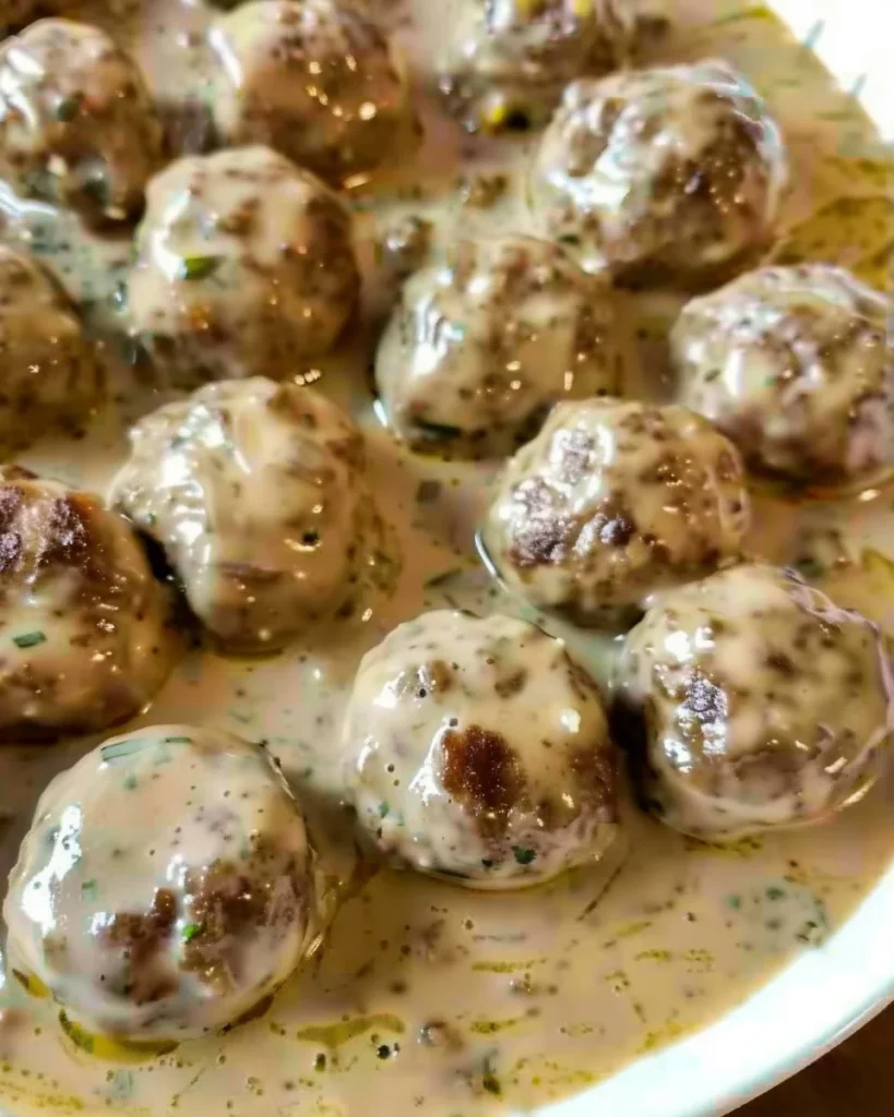 Plate of easy 3 ingredient Swedish meatballs with sauce