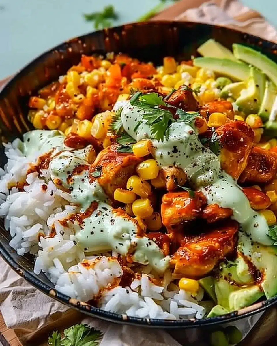 30-Minute Street Corn Chicken Rice Bowl with vibrant ingredients and flavors
