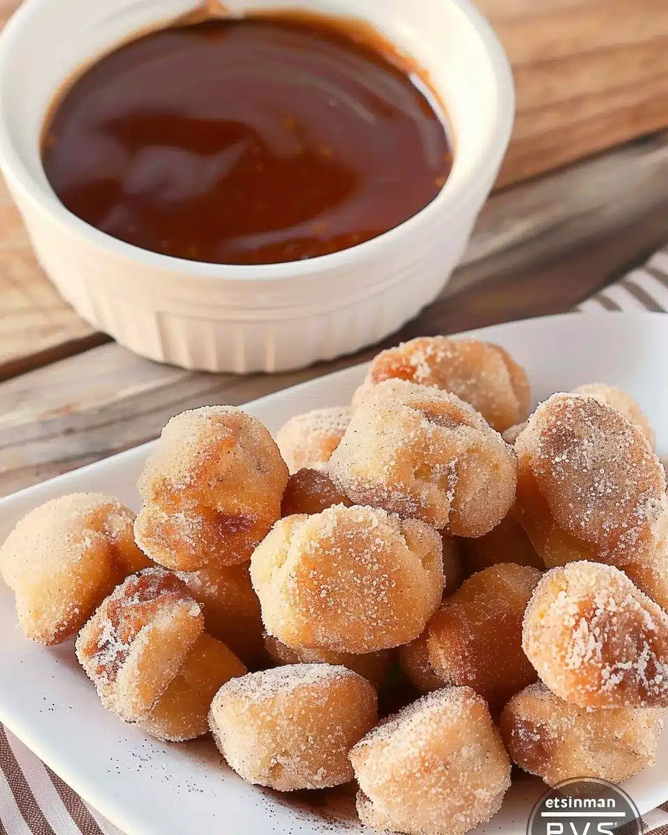 Plate of crispy air fryer churro bites dusted with cinnamon sugar