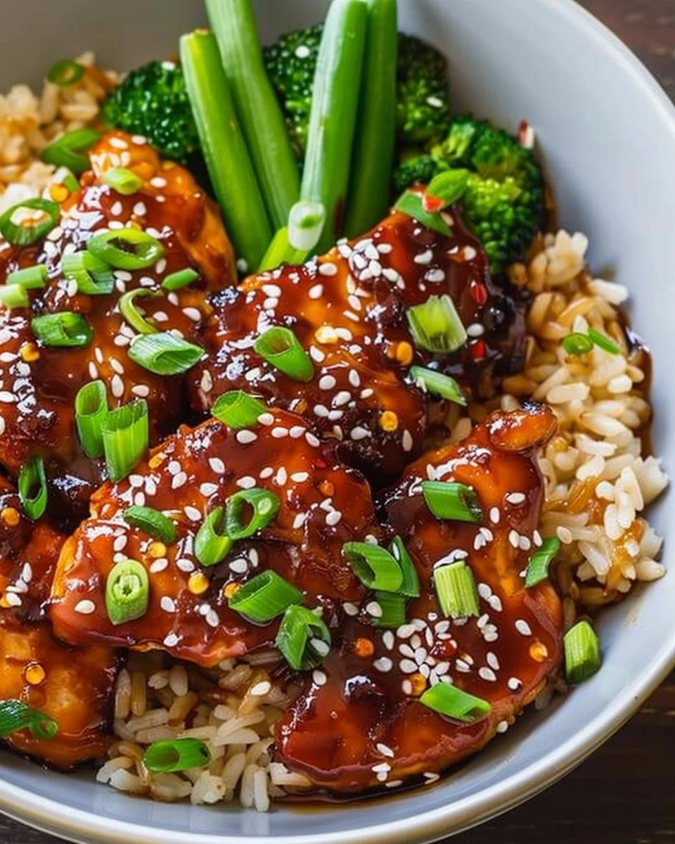 Delicious air fryer teriyaki chicken garnished with sesame seeds and green onions
