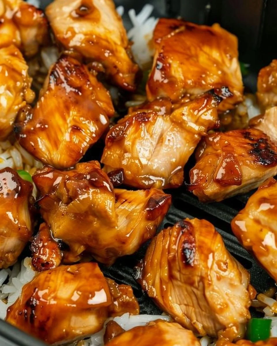 Juicy Air Fryer Teriyaki Chicken served on a plate with garnish.