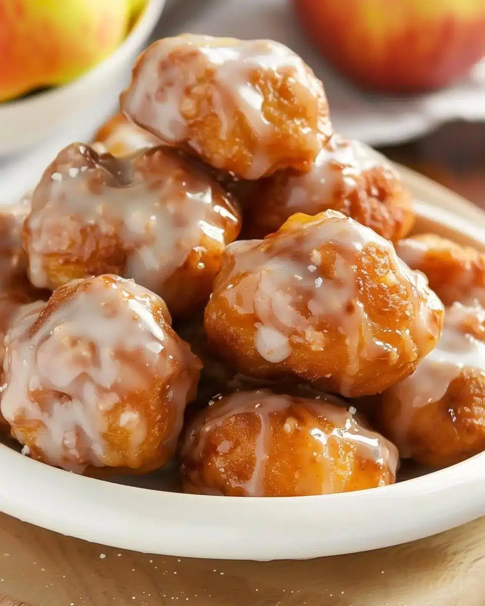Homemade apple fritter bites with powdered sugar on a plate