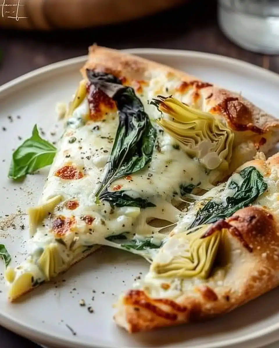 Artichoke pizza with spinach Parmesan cream sauce on a rustic table