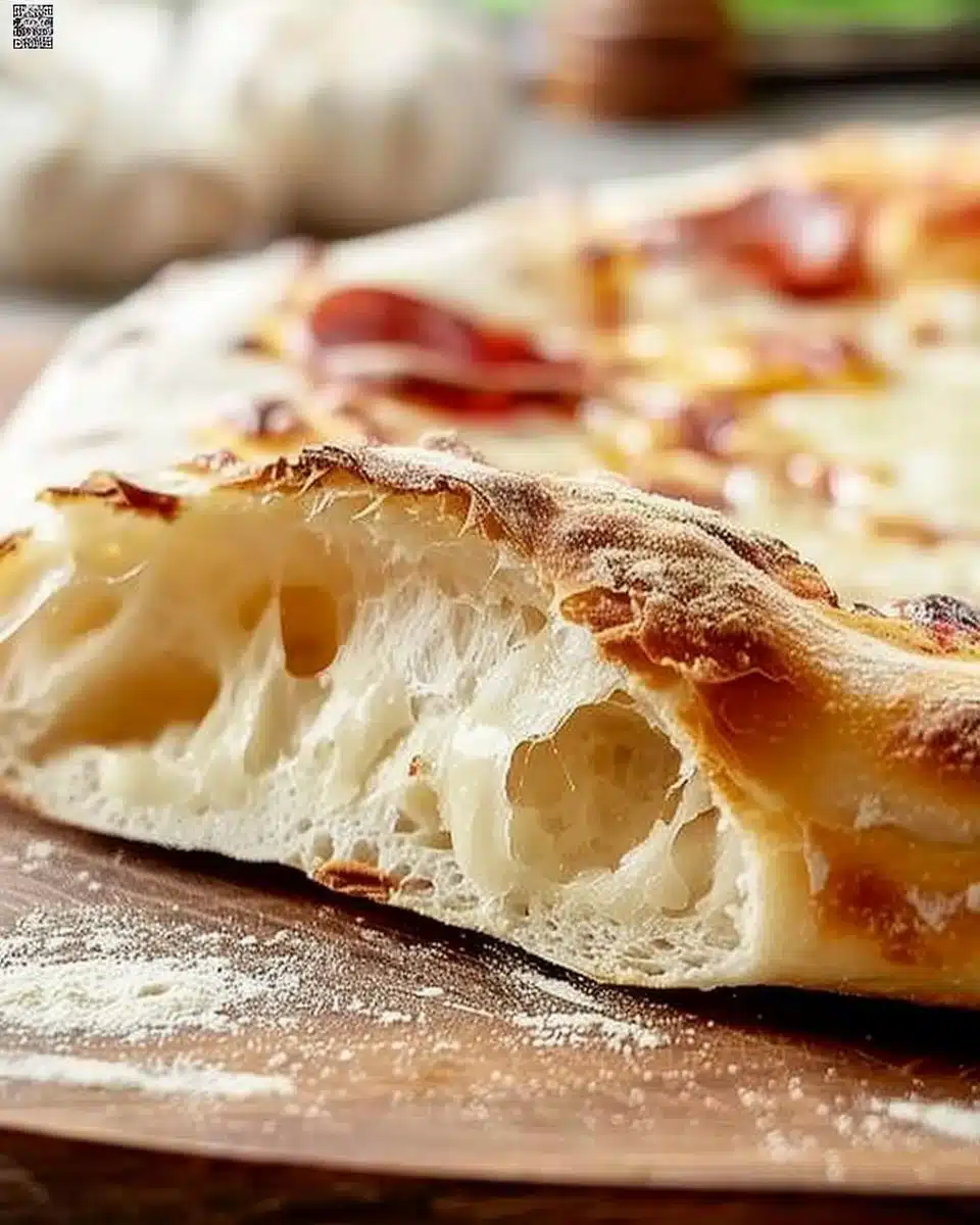 Homemade artisan pizza dough showcasing a crispy, chewy, and bubbly crust.
