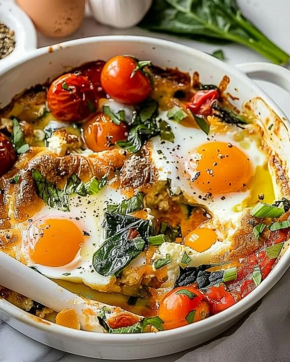 Baked feta eggs with tomatoes and spinach in a skillet