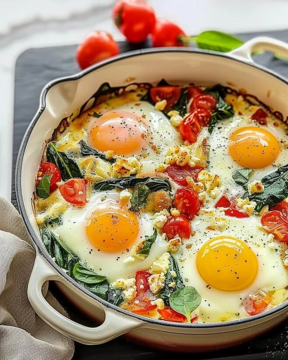 Baked Feta Eggs with Tomatoes and Spinach