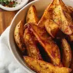 Crispy baked potato wedges served on a plate with dipping sauce