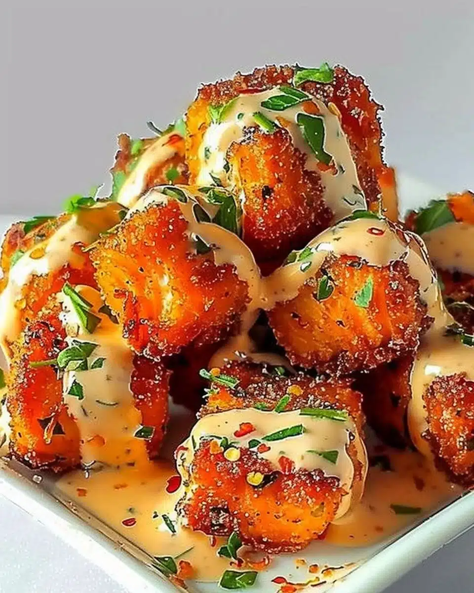 Delicious Bang Bang Salmon Bites served with spicy sauce