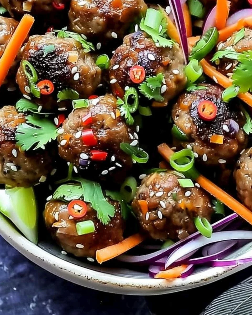 Delicious Banh Mi Meatballs served with fresh herbs and pickled vegetables.